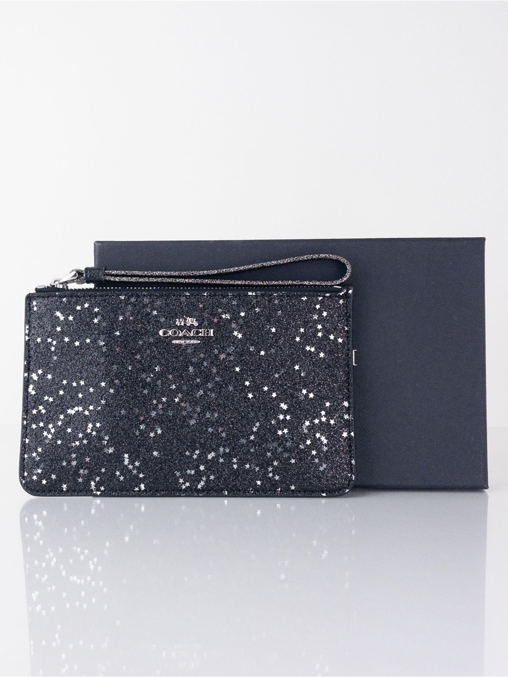 NWT Coach Black Star Glitter Wristlet Zip Pouch Wallet Clutch w/ Gift Box